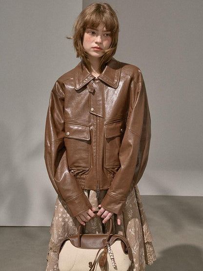 DIDDI MODA Large Pocket Waxed Biker Lapel Cropped Women&