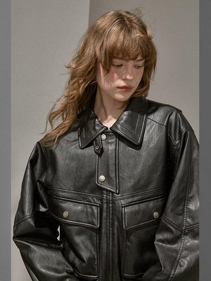 DIDDI MODA Large Pocket Waxed Biker Lapel Cropped Women&
