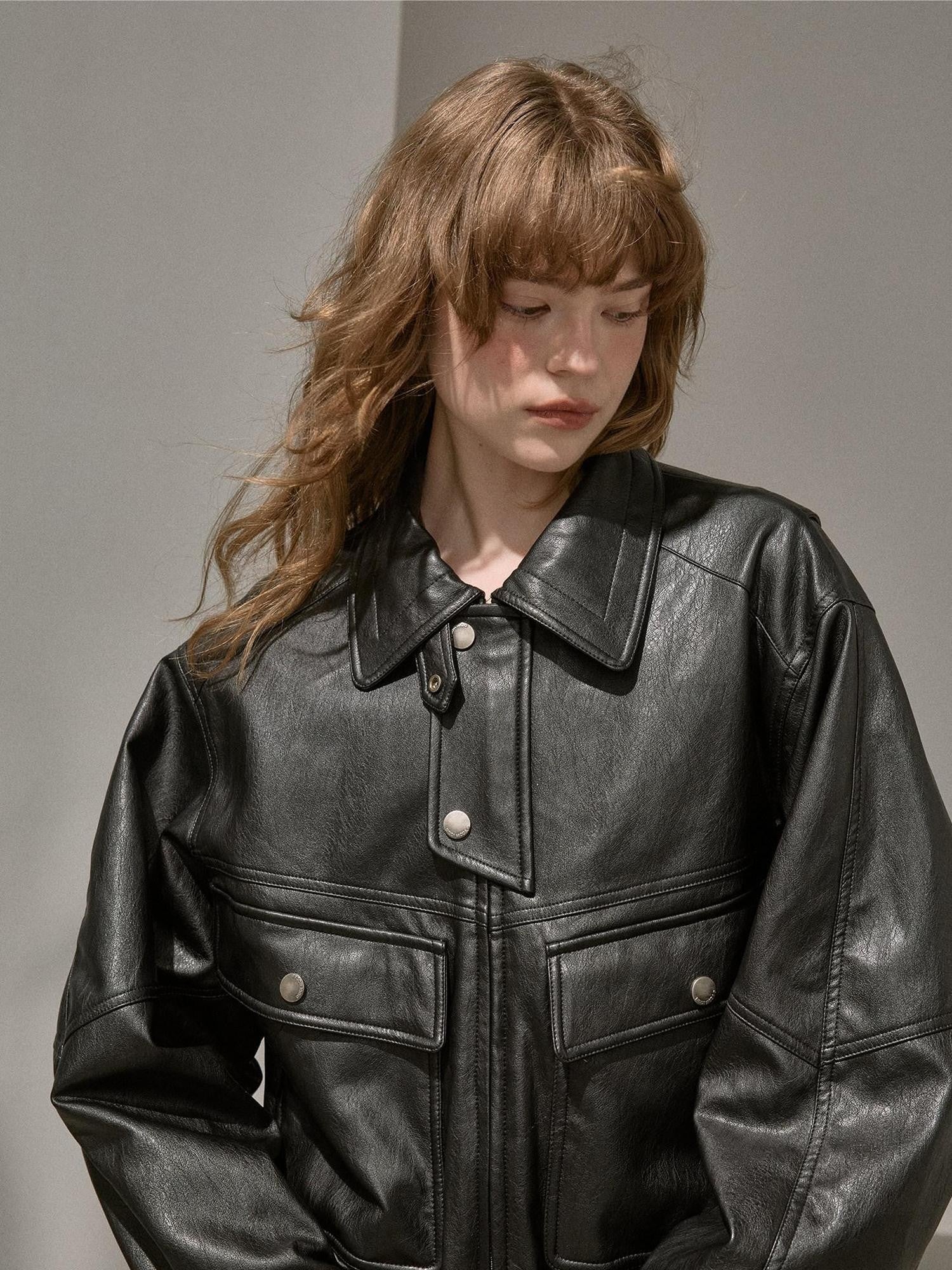 DIDDI MODA Large Pocket Waxed Biker Lapel Cropped Women&
