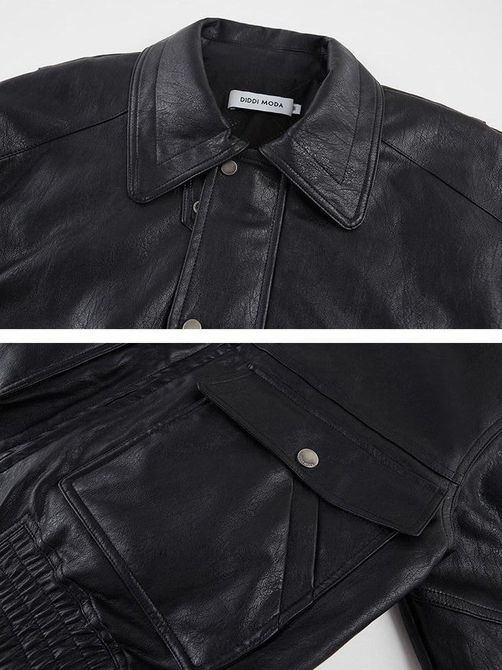 DIDDI MODA Large Pocket Waxed Biker Lapel Cropped Women&