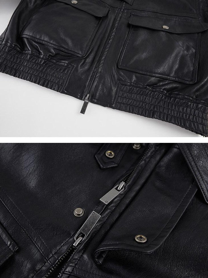 DIDDI MODA Large Pocket Waxed Biker Lapel Cropped Women&