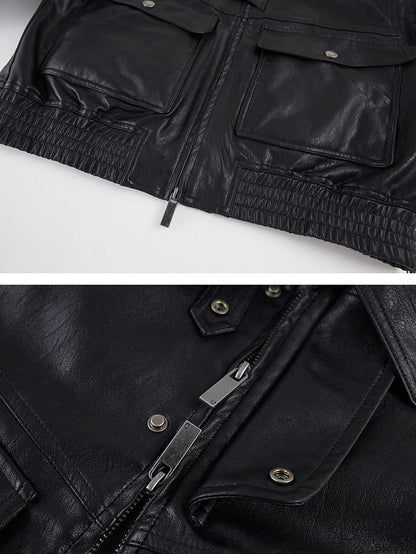 DIDDI MODA Large Pocket Waxed Biker Lapel Cropped Women&