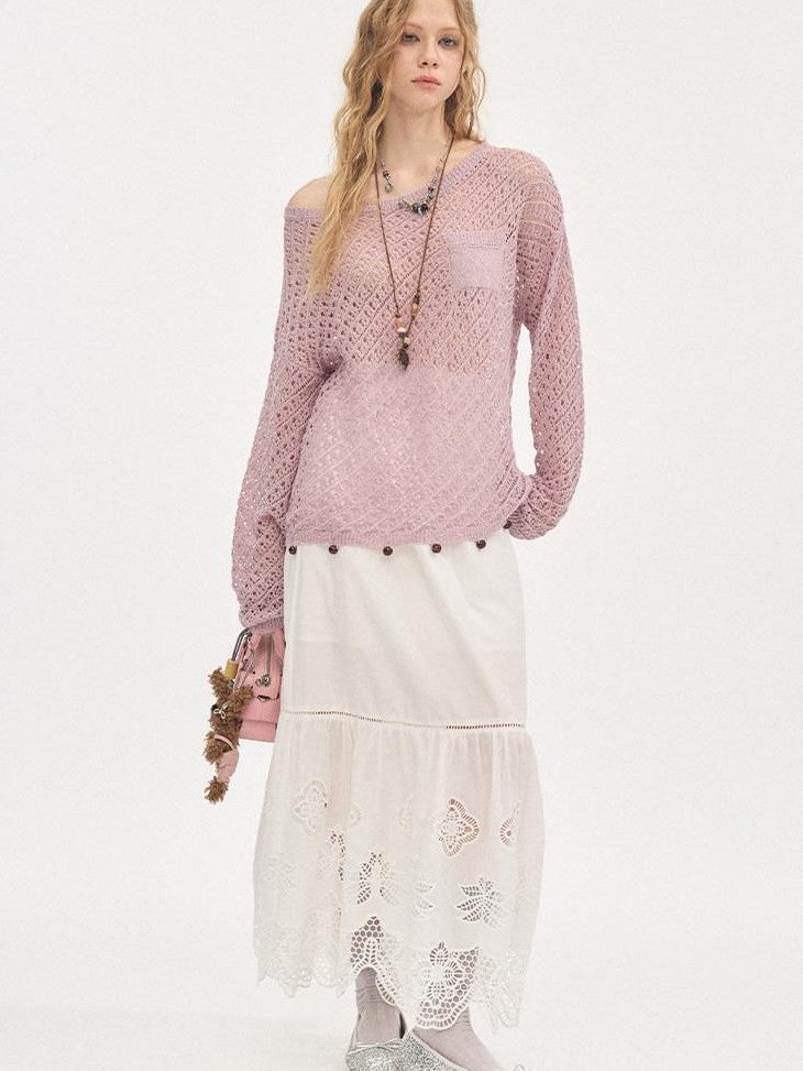 DIDDI MODA Lavender Diagonal Cutout Beaded Breathable Women&