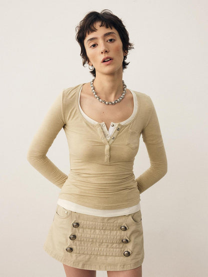 DIDDI MODA Layerable Soft U Shaped Henley Neck Slim Fit Women&