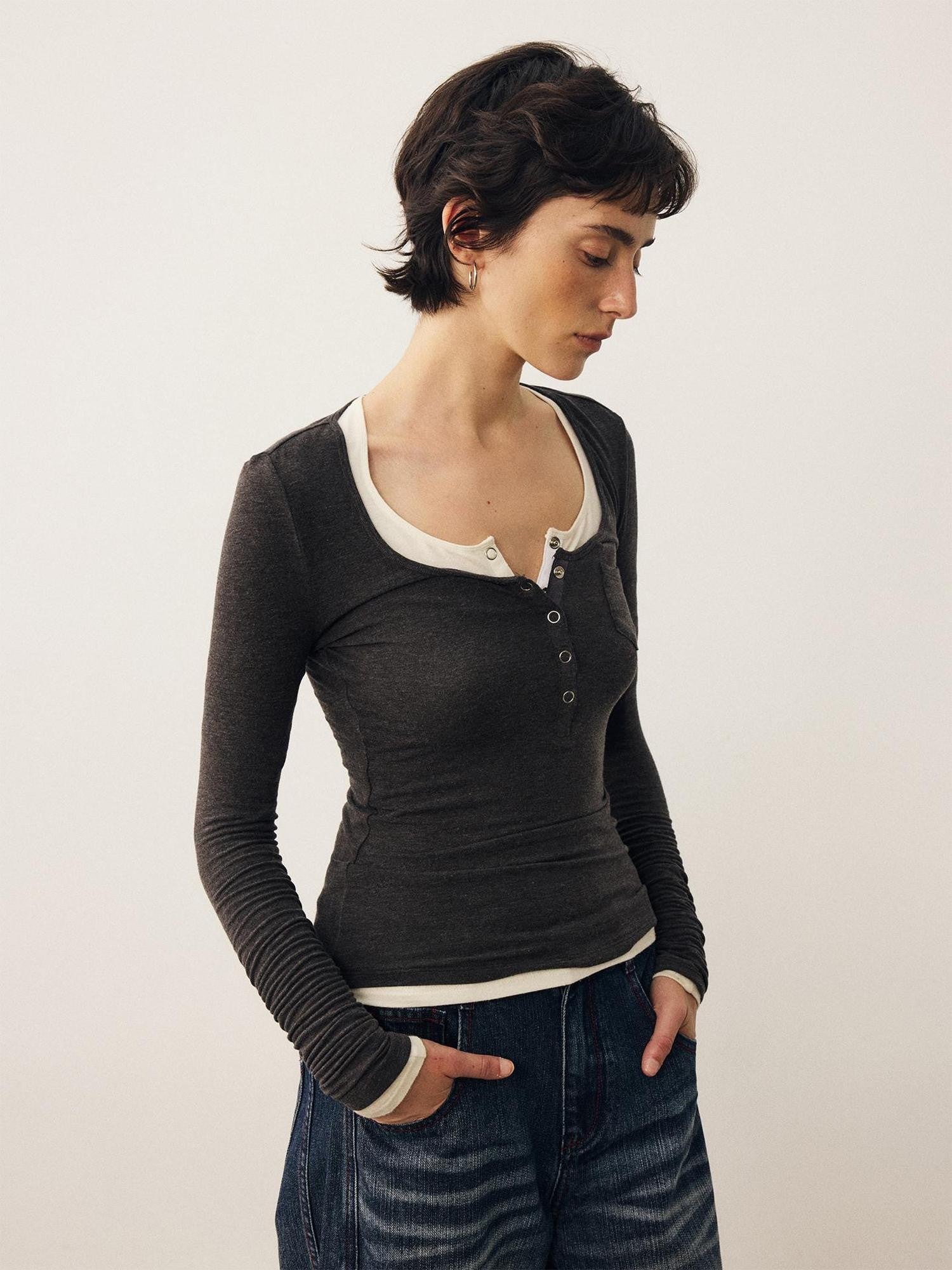 DIDDI MODA Layerable Soft U Shaped Henley Neck Slim Fit Women&