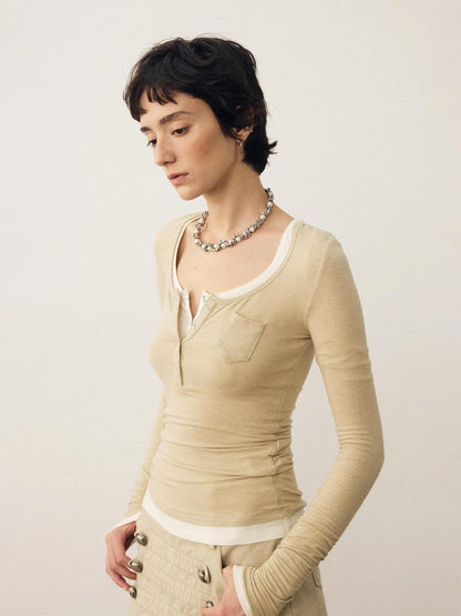 DIDDI MODA Layerable Soft U Shaped Henley Neck Slim Fit Women&