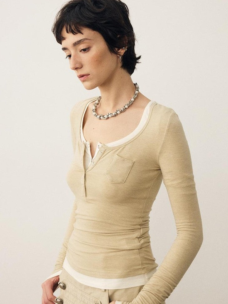 DIDDI MODA Layerable Soft U Shaped Henley Neck Slim Fit Women&