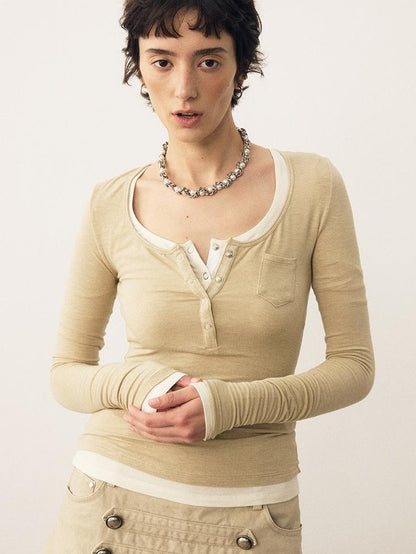 DIDDI MODA Layerable Soft U Shaped Henley Neck Slim Fit Women&