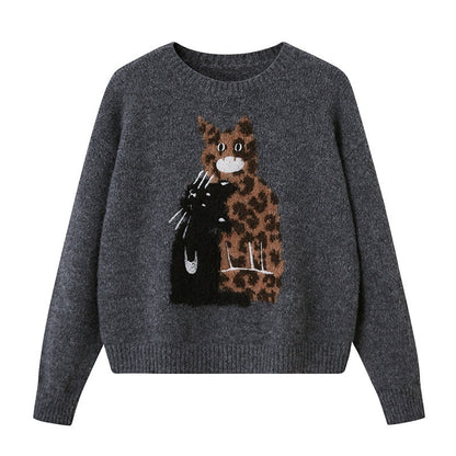 DIDDI_MODA_Leopard_Kitten_Embroidered_Crewneck_Drop_Shoulder_Women&