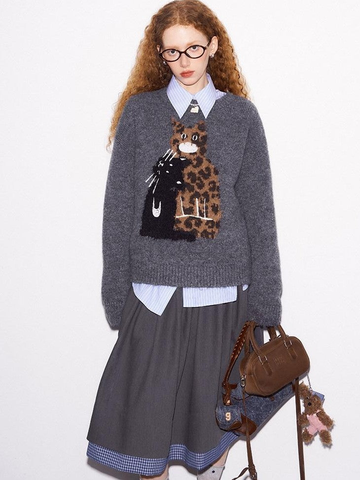 DIDDI MODA Leopard Kitten Embroidered Crewneck Drop Shoulder Women&