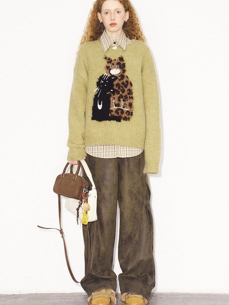 DIDDI MODA Leopard Kitten Embroidered Crewneck Drop Shoulder Women&