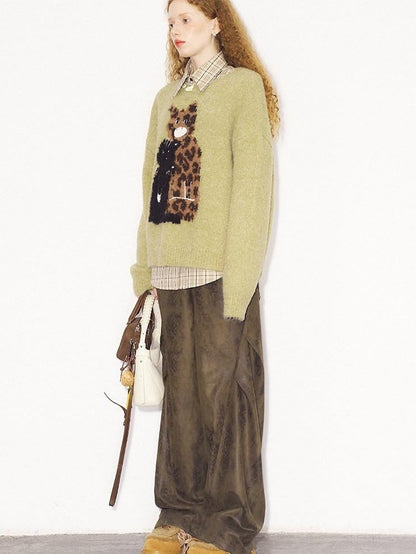 DIDDI MODA Leopard Kitten Embroidered Crewneck Drop Shoulder Women&