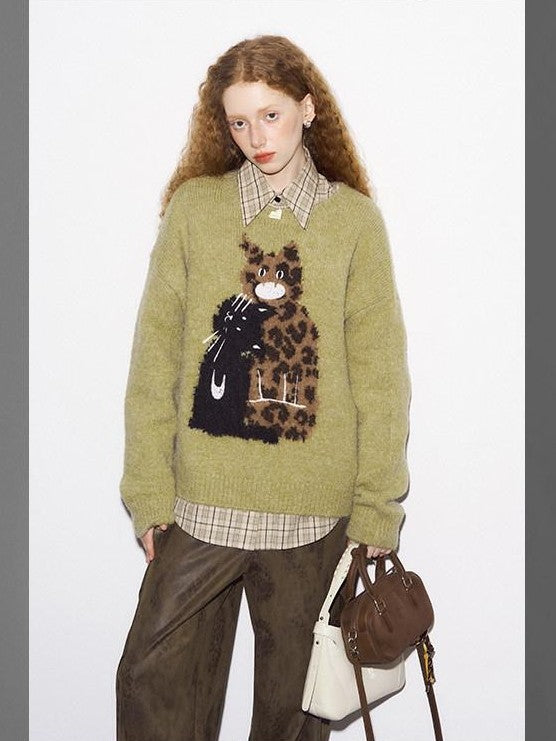 DIDDI MODA Leopard Kitten Embroidered Crewneck Drop Shoulder Women&