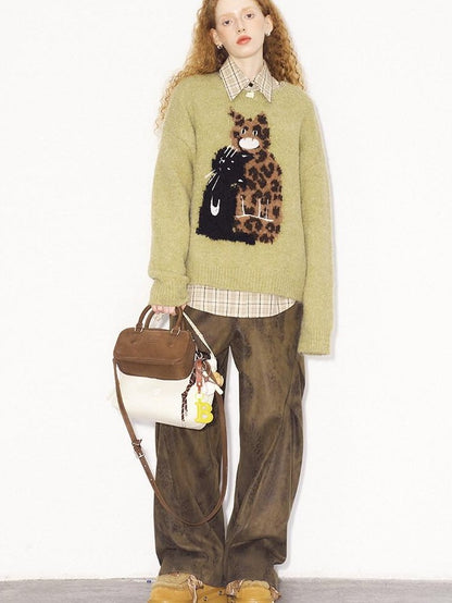 DIDDI MODA Leopard Kitten Embroidered Crewneck Drop Shoulder Women&