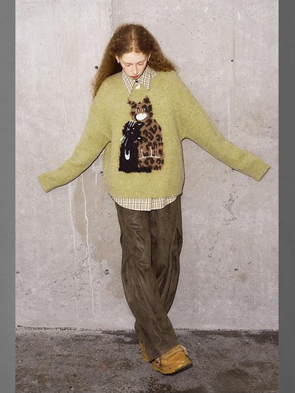DIDDI MODA Leopard Kitten Embroidered Crewneck Drop Shoulder Women&