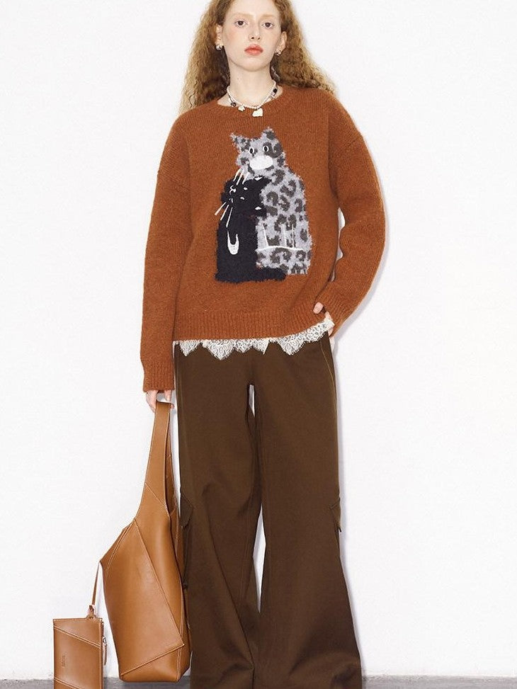 DIDDI MODA Leopard Kitten Embroidered Crewneck Drop Shoulder Women&