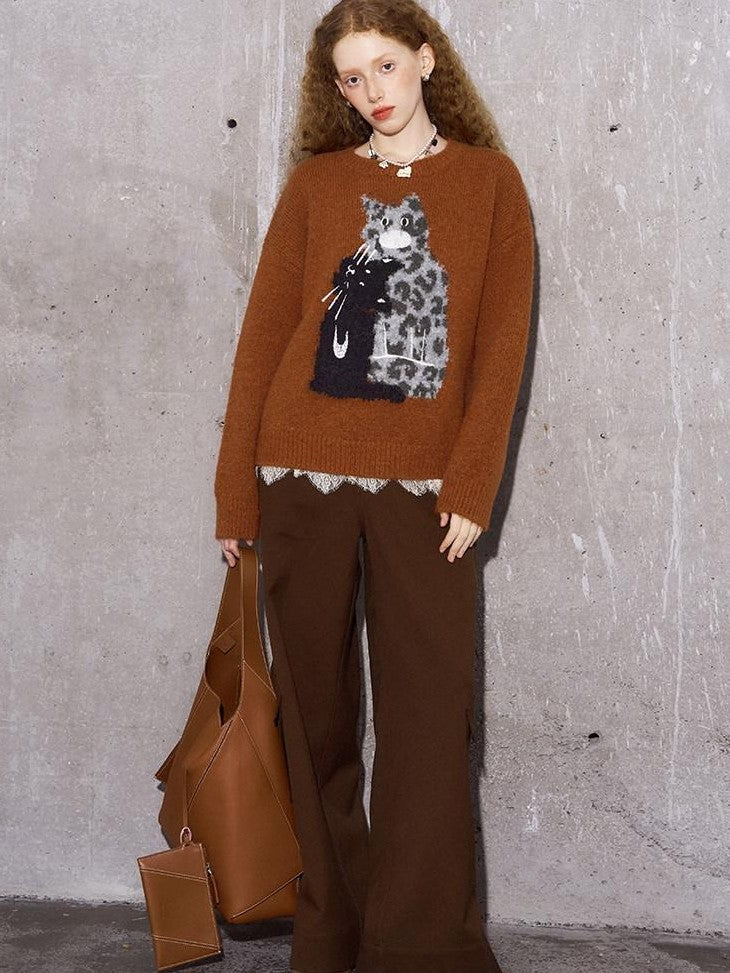 DIDDI MODA Leopard Kitten Embroidered Crewneck Drop Shoulder Women&