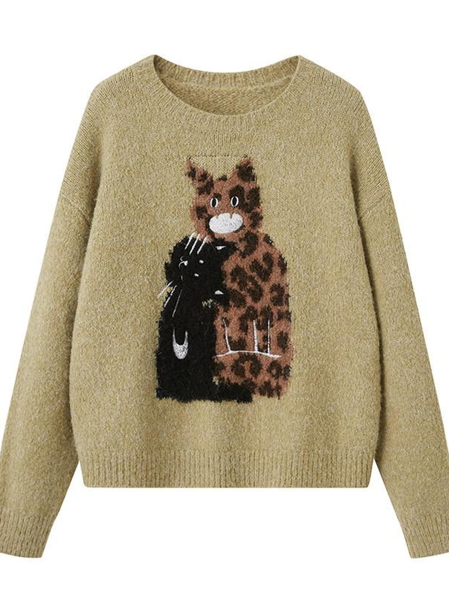 DIDDI MODA Leopard Kitten Embroidered Crewneck Drop Shoulder Women&