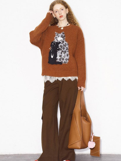 DIDDI MODA Leopard Kitten Embroidered Crewneck Drop Shoulder Women&
