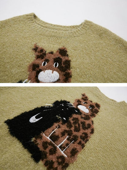 DIDDI MODA Leopard Kitten Embroidered Crewneck Drop Shoulder Women&