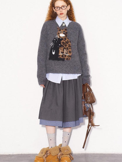 DIDDI MODA Leopard Kitten Embroidered Crewneck Drop Shoulder Women&