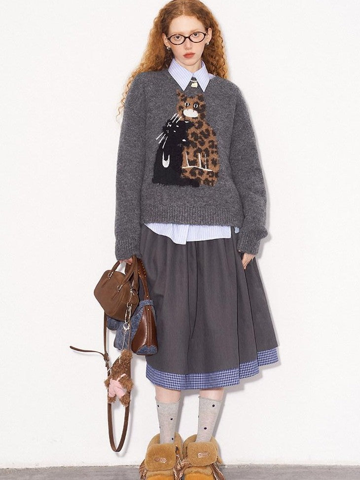 DIDDI MODA Leopard Kitten Embroidered Crewneck Drop Shoulder Women&
