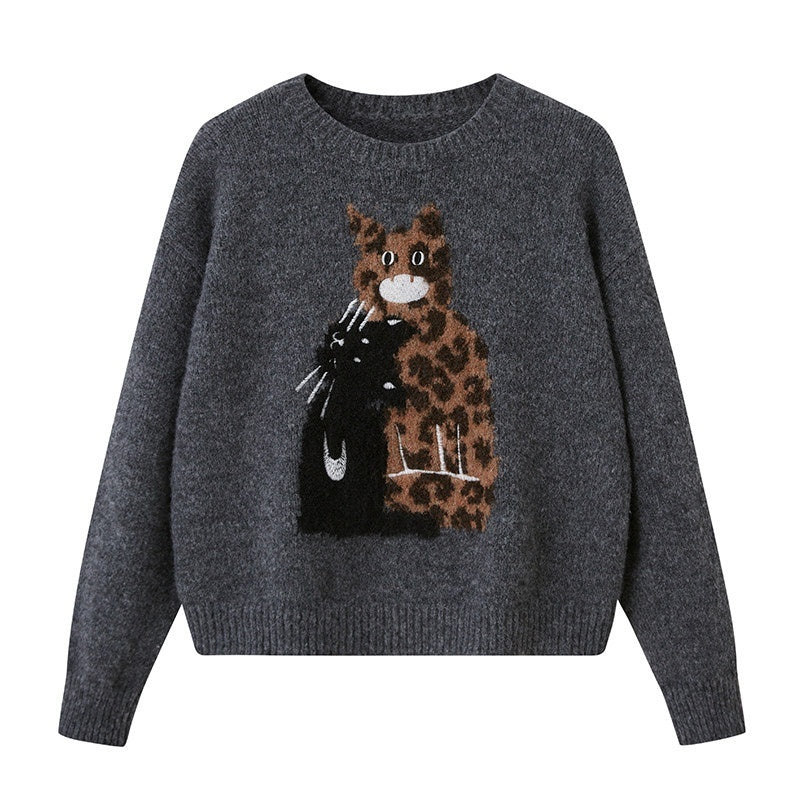 DIDDI_MODA_Leopard_Kitten_Embroidered_Drop_Shoulder_Crewneck_Women&