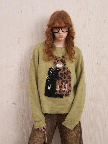 DIDDI MODA Leopard Kitten Embroidered Drop Shoulder Crewneck Women&