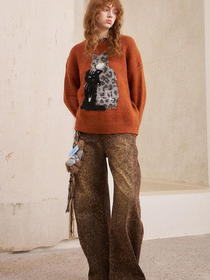 DIDDI MODA Leopard Kitten Embroidered Drop Shoulder Crewneck Women&