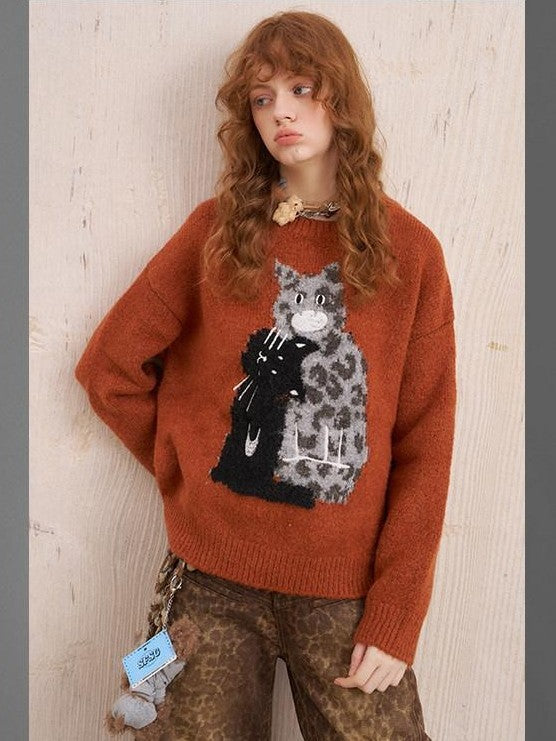 DIDDI MODA Leopard Kitten Embroidered Drop Shoulder Crewneck Women&