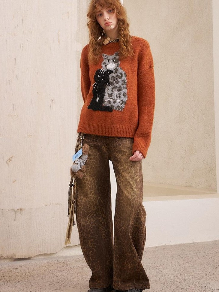DIDDI MODA Leopard Kitten Embroidered Drop Shoulder Crewneck Women&