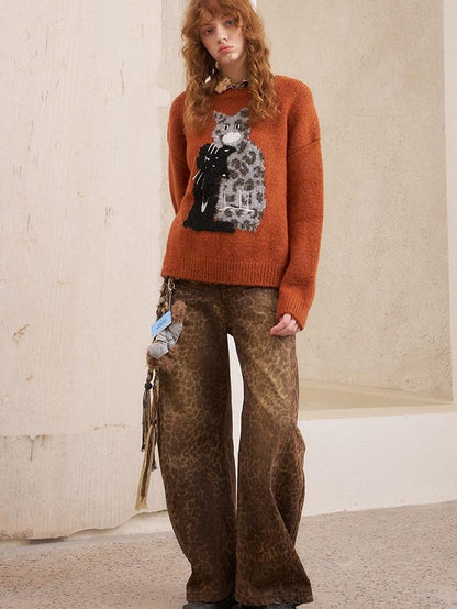 DIDDI MODA Leopard Kitten Embroidered Drop Shoulder Crewneck Women&
