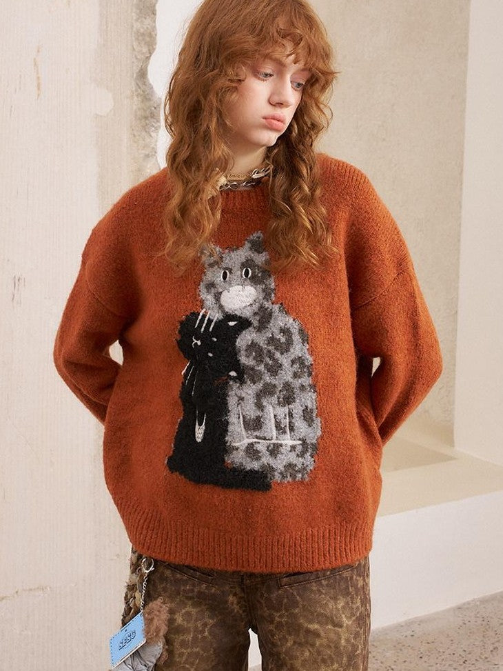 DIDDI MODA Leopard Kitten Embroidered Drop Shoulder Crewneck Women&