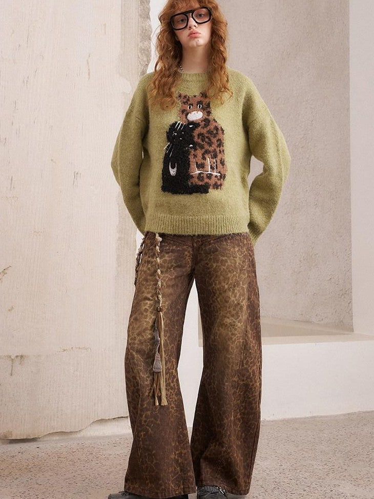 DIDDI MODA Leopard Kitten Embroidered Drop Shoulder Crewneck Women&