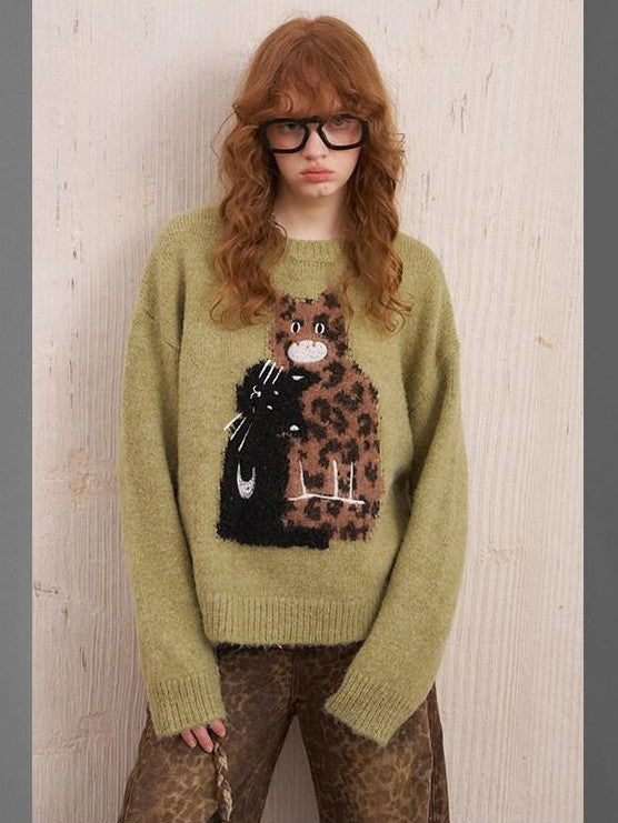 DIDDI MODA Leopard Kitten Embroidered Drop Shoulder Crewneck Women&