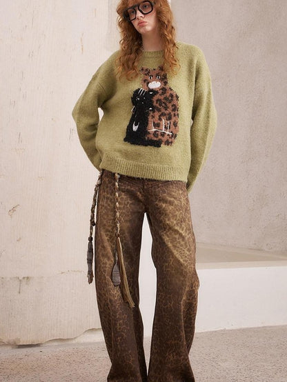 DIDDI MODA Leopard Kitten Embroidered Drop Shoulder Crewneck Women&