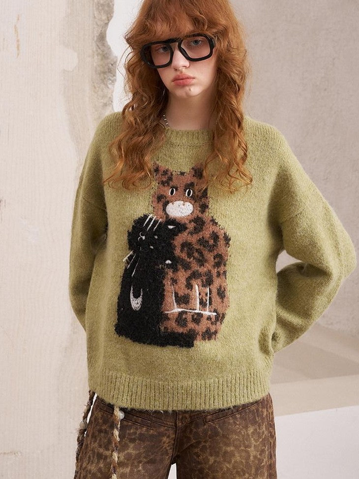 DIDDI MODA Leopard Kitten Embroidered Drop Shoulder Crewneck Women&