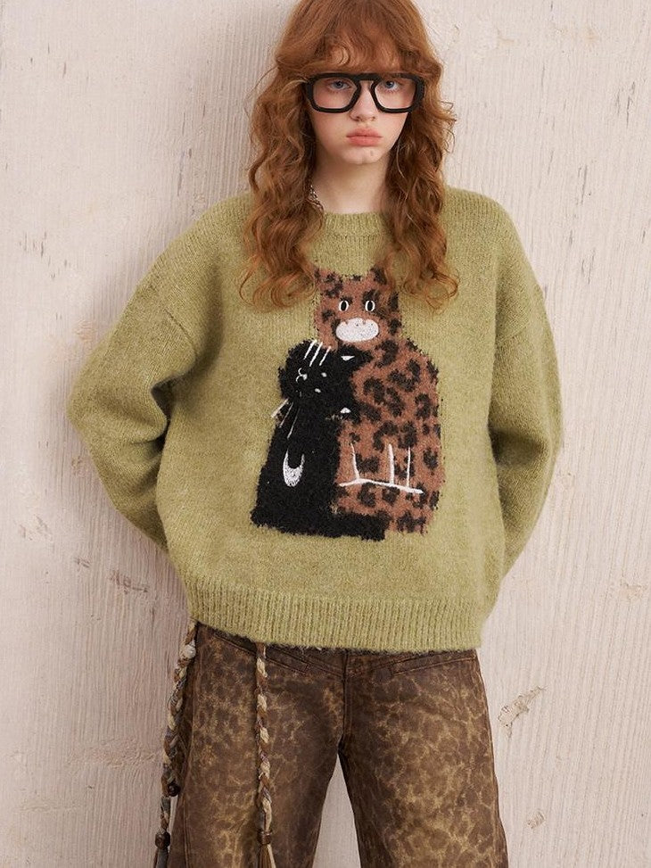 DIDDI MODA Leopard Kitten Embroidered Drop Shoulder Crewneck Women&