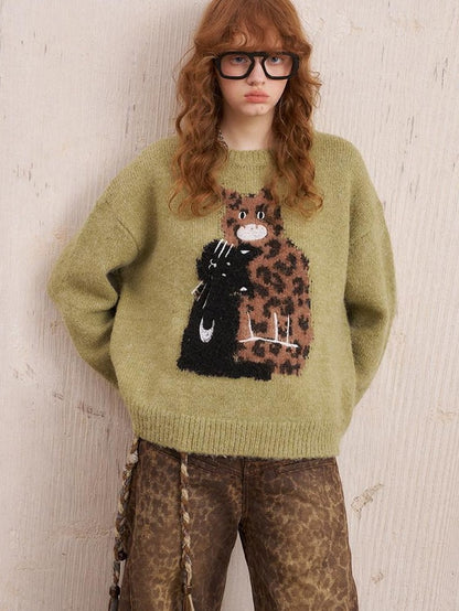 DIDDI MODA Leopard Kitten Embroidered Drop Shoulder Crewneck Women&