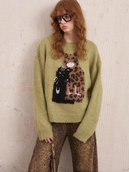 DIDDI MODA Leopard Kitten Embroidered Drop Shoulder Crewneck Women&