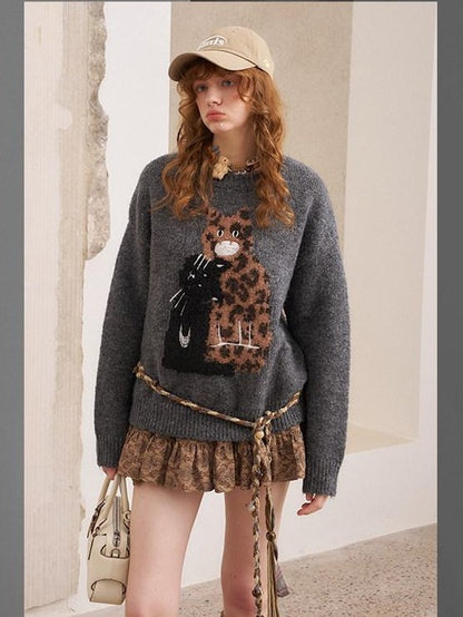 DIDDI MODA Leopard Kitten Embroidered Drop Shoulder Crewneck Women&