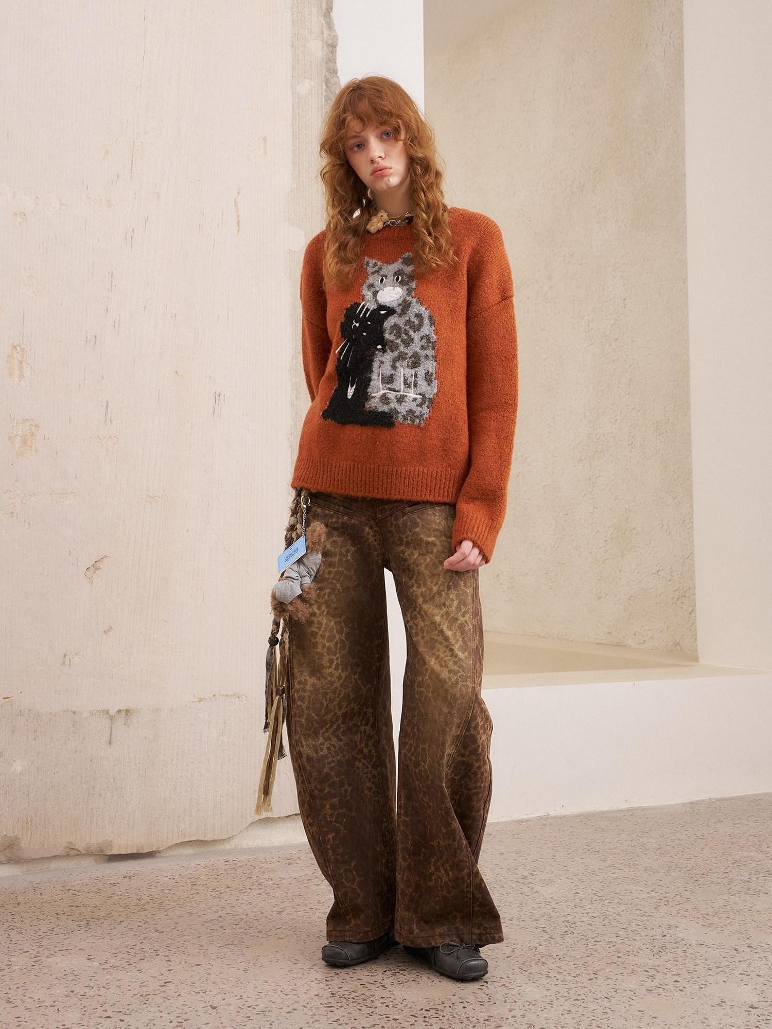 DIDDI MODA Leopard Kitten Embroidered Drop Shoulder Crewneck Women&