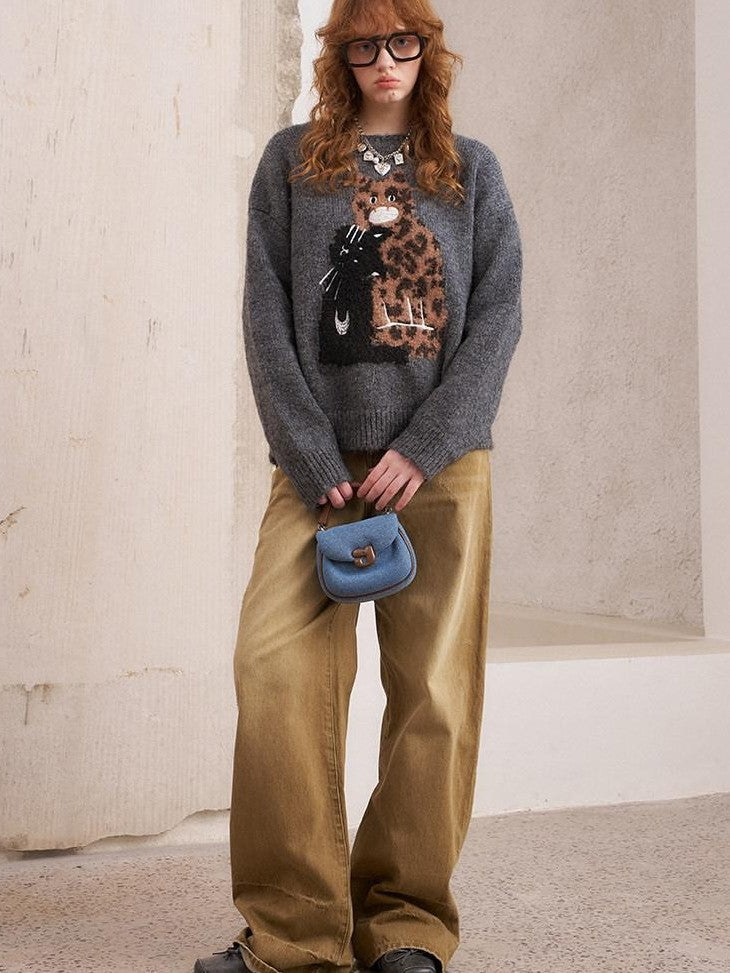 DIDDI MODA Leopard Kitten Embroidered Drop Shoulder Crewneck Women&