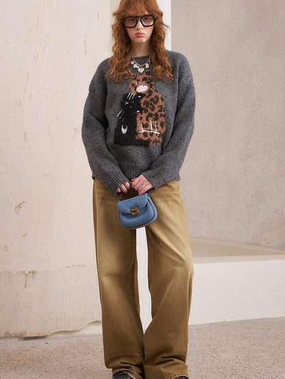 DIDDI MODA Leopard Kitten Embroidered Drop Shoulder Crewneck Women&