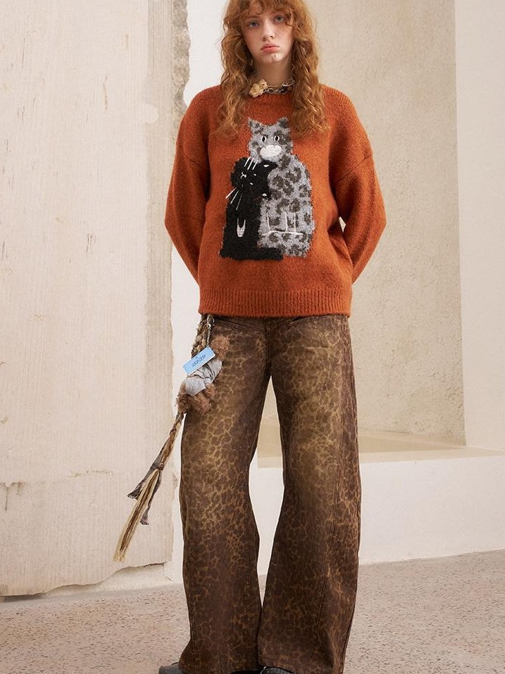 DIDDI MODA Leopard Kitten Embroidered Drop Shoulder Crewneck Women&