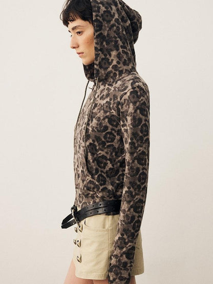 DIDDI MODA Leopard Print Brushed Hooded Slim Fit Women&