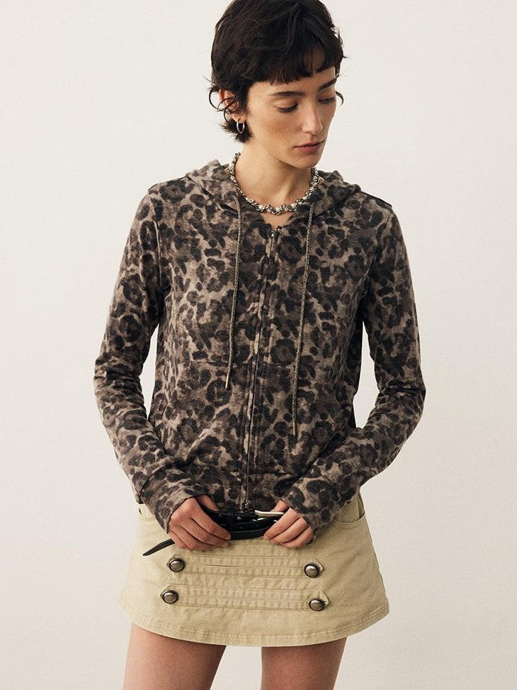 DIDDI MODA Leopard Print Brushed Hooded Slim Fit Women&