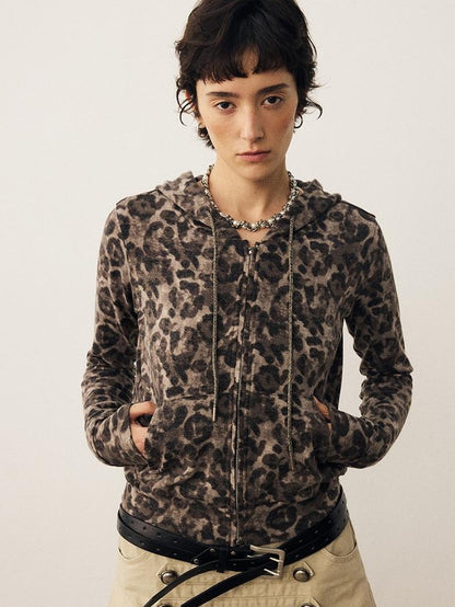 DIDDI MODA Leopard Print Brushed Hooded Slim Fit Women&