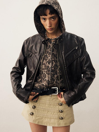 DIDDI MODA Leopard Print Brushed Hooded Slim Fit Women&