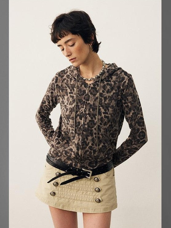 DIDDI MODA Leopard Print Brushed Hooded Slim Fit Women&